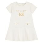 Younger Girls Ivory & Gold Logo Dress, 1, hi-res