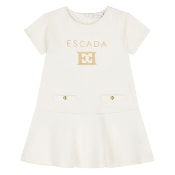 Younger Girls Ivory & Gold Logo Dress