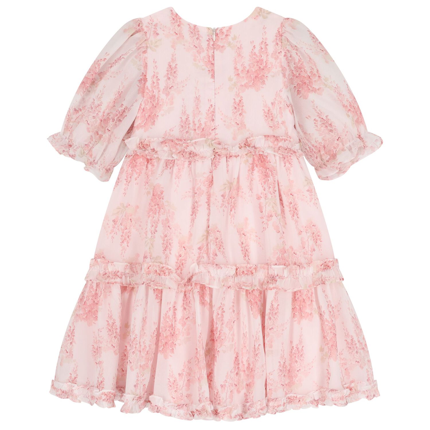 Girls Pink Ruffled Floral Chiffon Dress, 1, hi-res