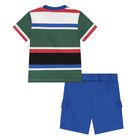 Younger Boys Blue Logo Striped Shorts Set, 1, hi-res