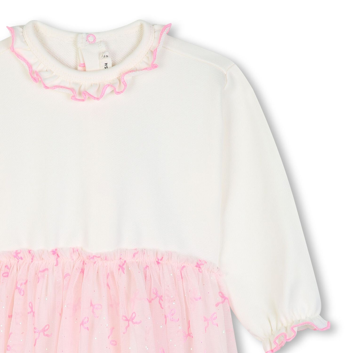 Younger Girls Ivory & Pink Bow Tulle Dress, 1, hi-res