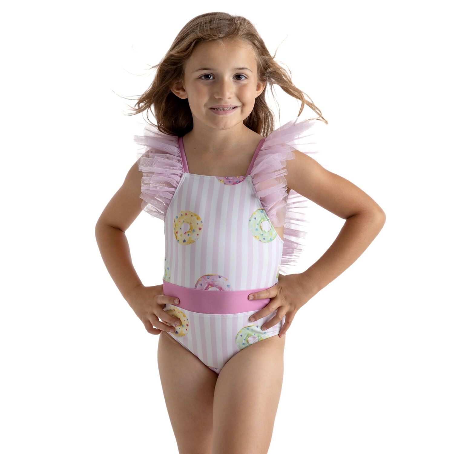 Girls White & Pink Striped Donuts Swimsuit, 1, hi-res