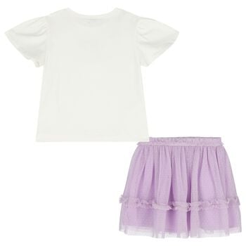 Girls White & Lilac Floral Tulle Skirt Set