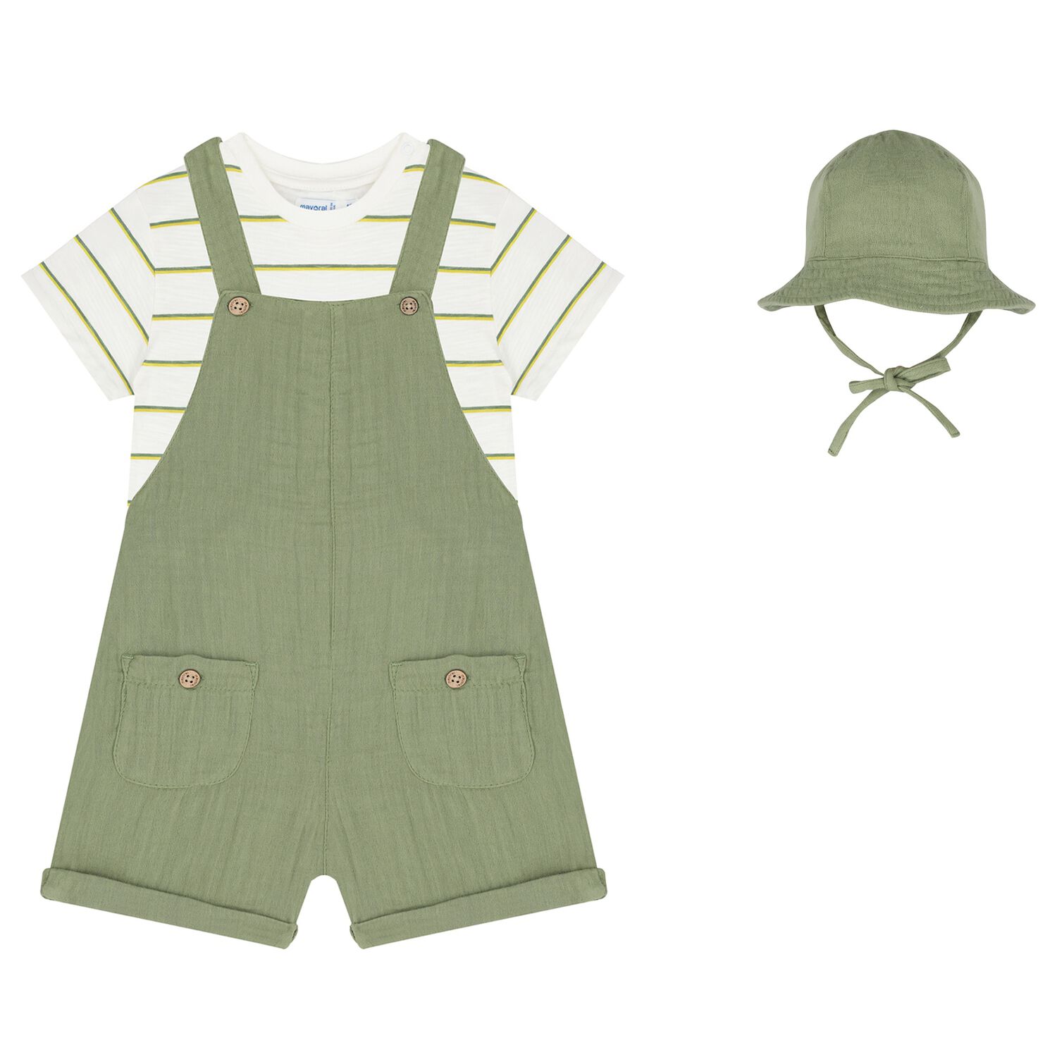 Younger Boys Green Dungaree & Hat Set (3 Piece), 2, hi-res