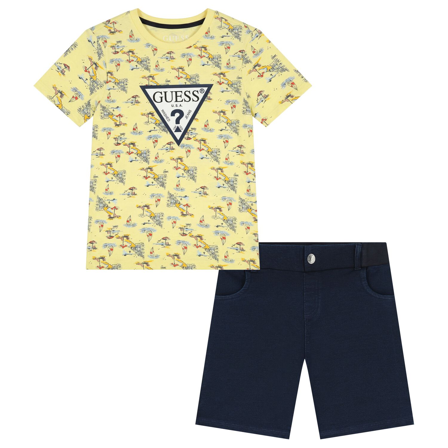 Boys Yellow & Navy Blue Logo Shorts Set, 1, hi-res