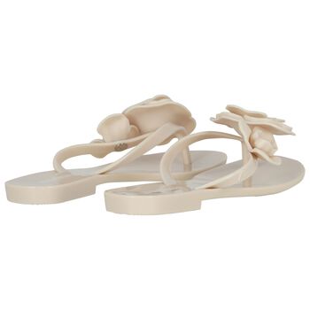 Girls Beige Logo Flower Flip Flops
