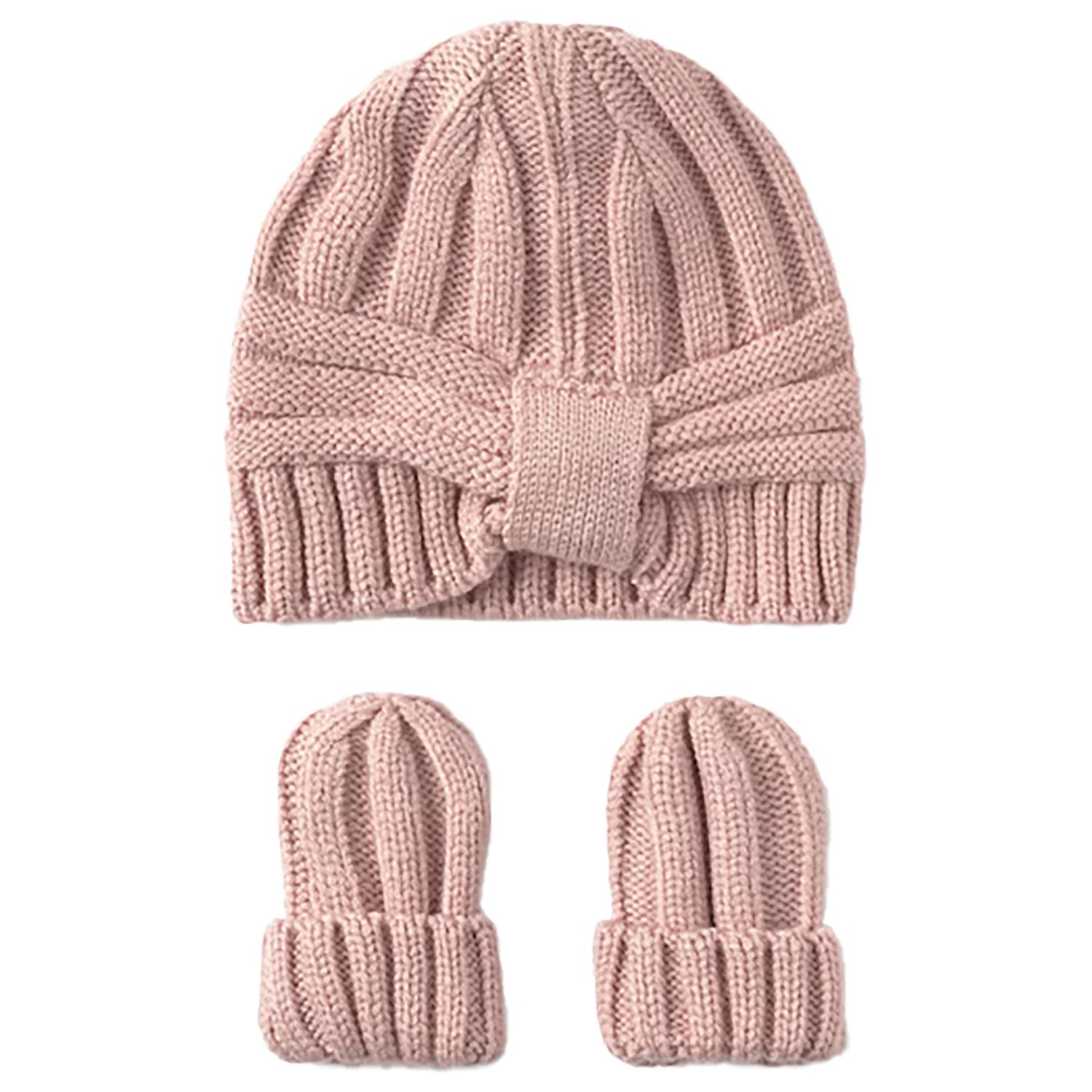 Baby Girls Pink Knitted Hat & Mittens Set, 2, hi-res