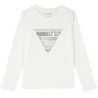 Girls White Embellished Logo Long Sleeve Top, 1, hi-res