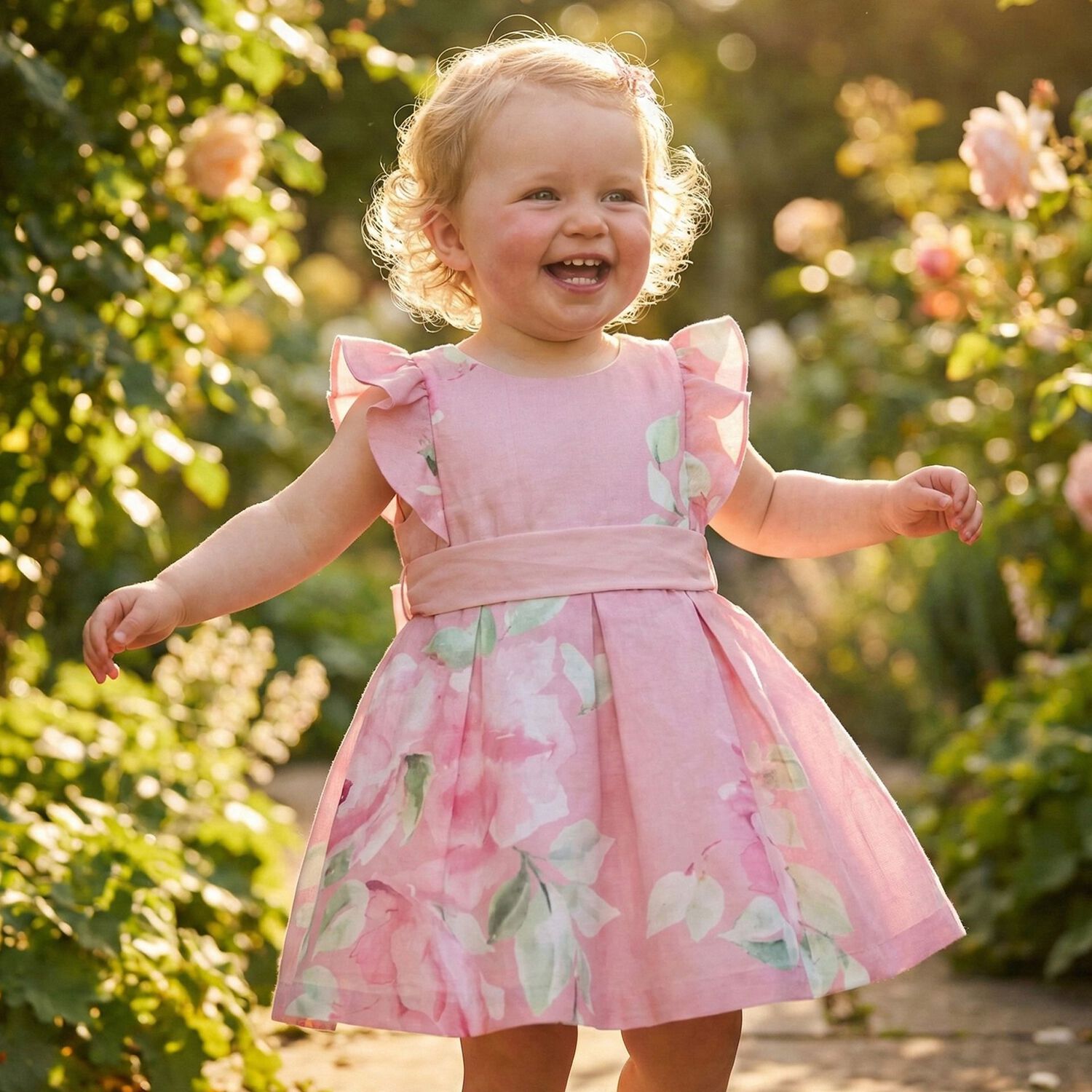 Younger Girls Pink Flower Dress, 1, hi-res
