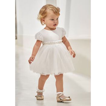 Younger Girls Ivory Pleated Tulle Dress