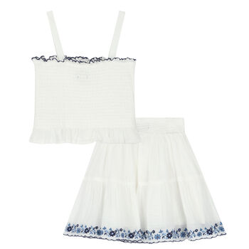 Girls White & Blue Smocked Skirt Set