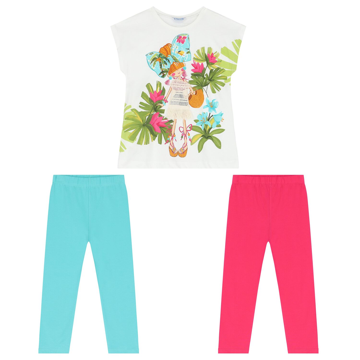 Girls White, Pink & Aqua Leggings Set, 2, hi-res