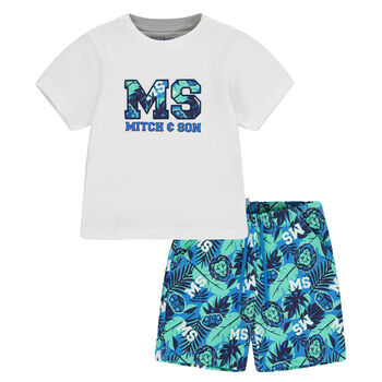 Boys White & Blue Logo Short Set