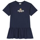Girls Navy Blue Teddy Bear Logo Dress, 2, hi-res
