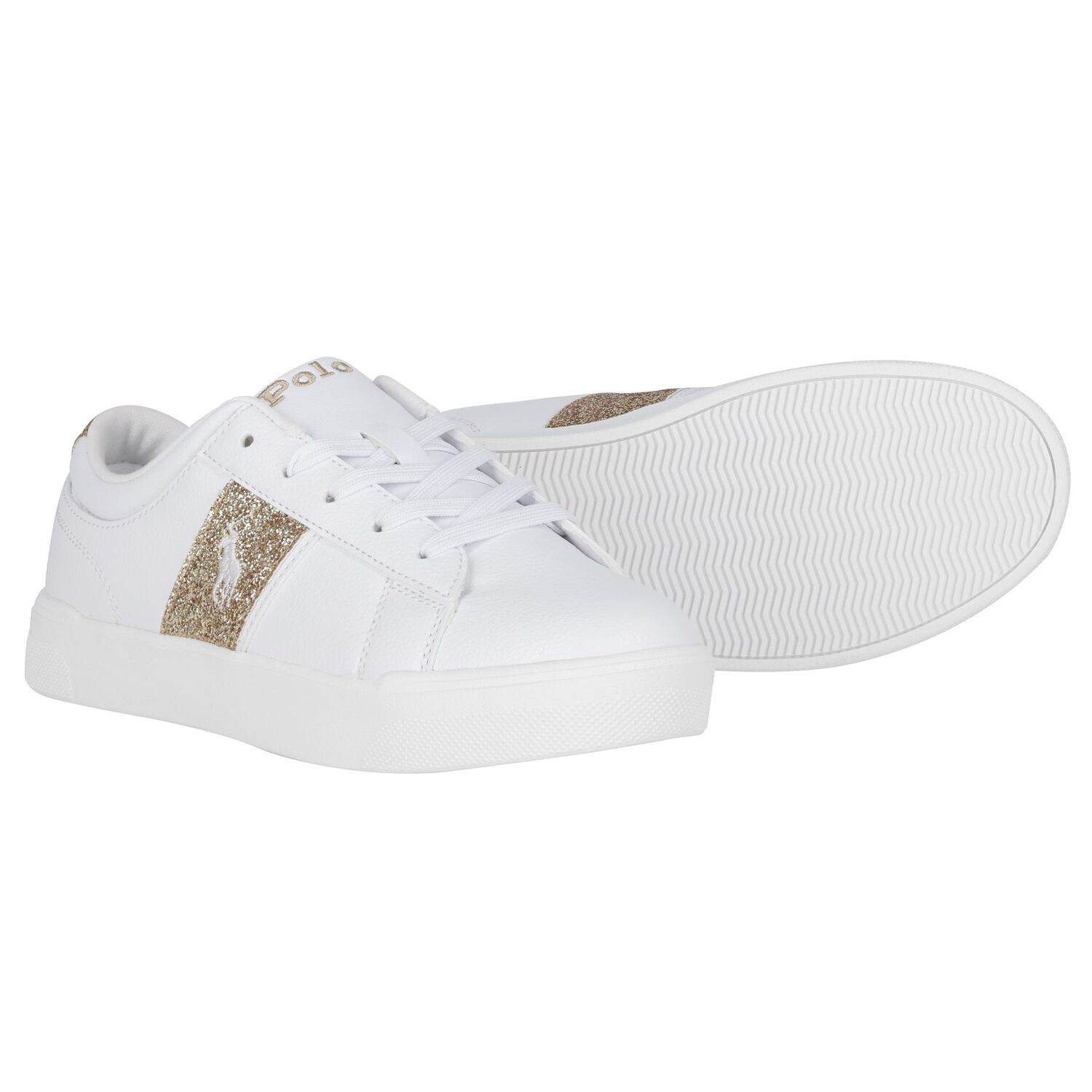 Girls White & Gold Logo Trainers, 1, hi-res
