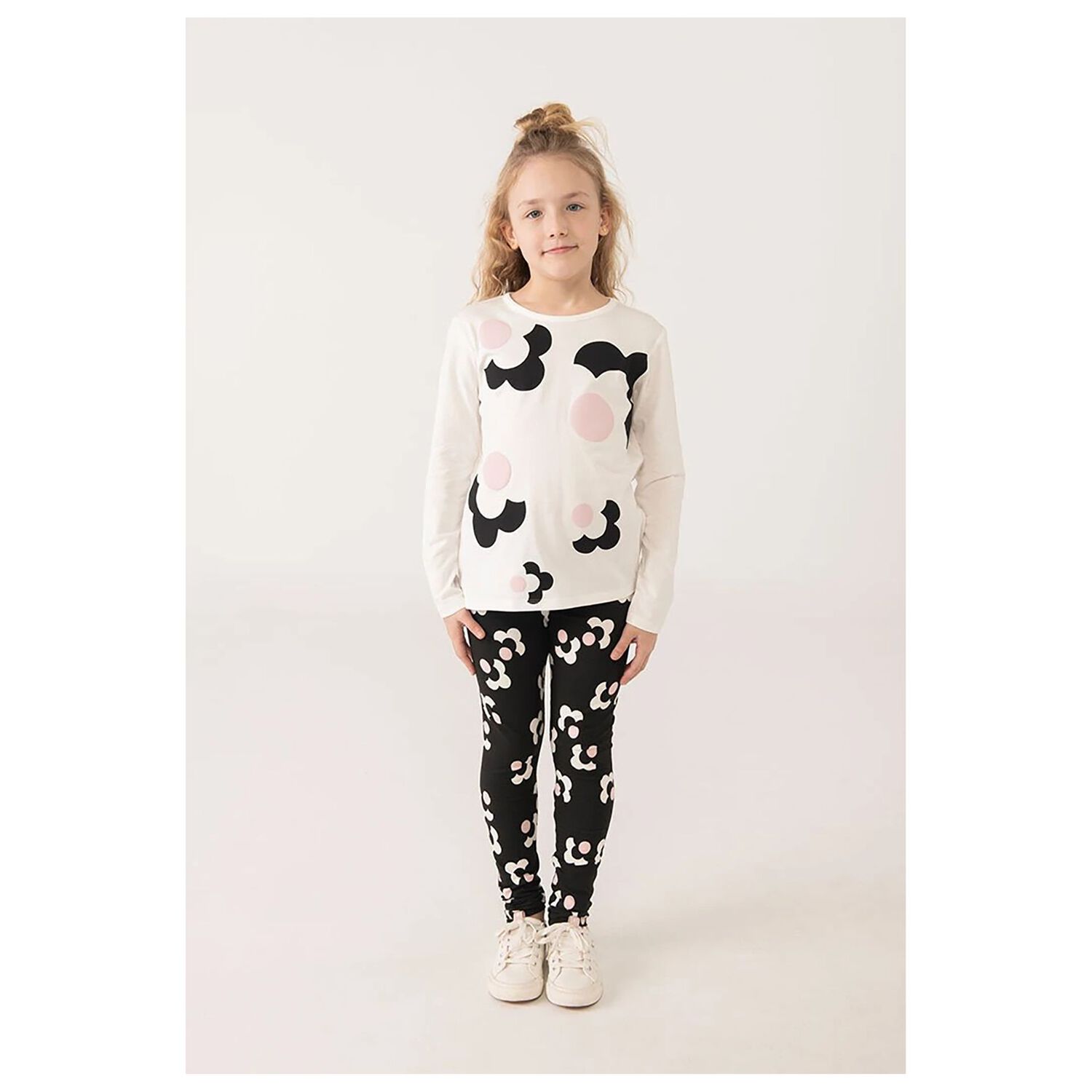 بنطال ضيق باللون أسود مزهر للبنات, 1, hi-res