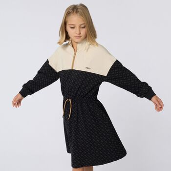 Girls Ivory & Black Logo Dress