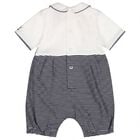 Baby Boys White & Navy Blue Striped Romper, 1, hi-res
