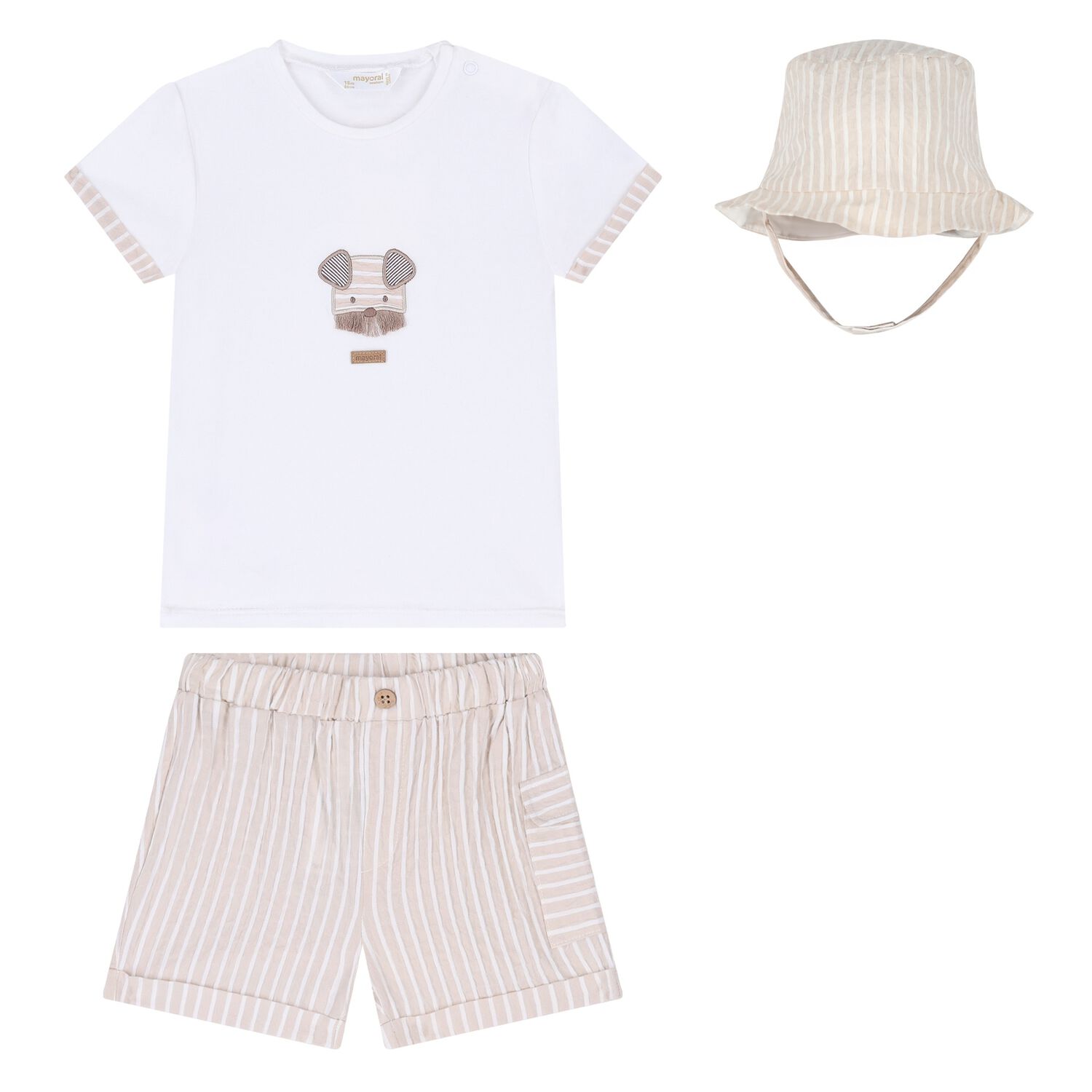Baby Boys White & Beige Striped Shorts & Hat Set, 1, hi-res image number null