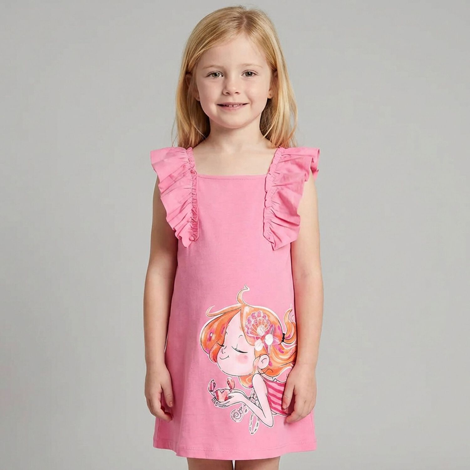 Girls Pink Mermaid Ruffled Dress, 2, hi-res