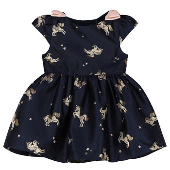 Baby Girls Navy Blue Unicorn Jacquard Dress