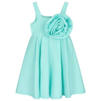 Girls Aqua Satin Floral Applique Dress
