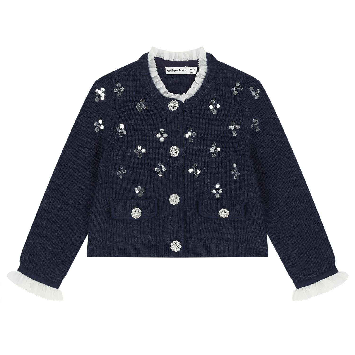 Girls Navy Blue Knitted Sequin Cardigan, 1, hi-res