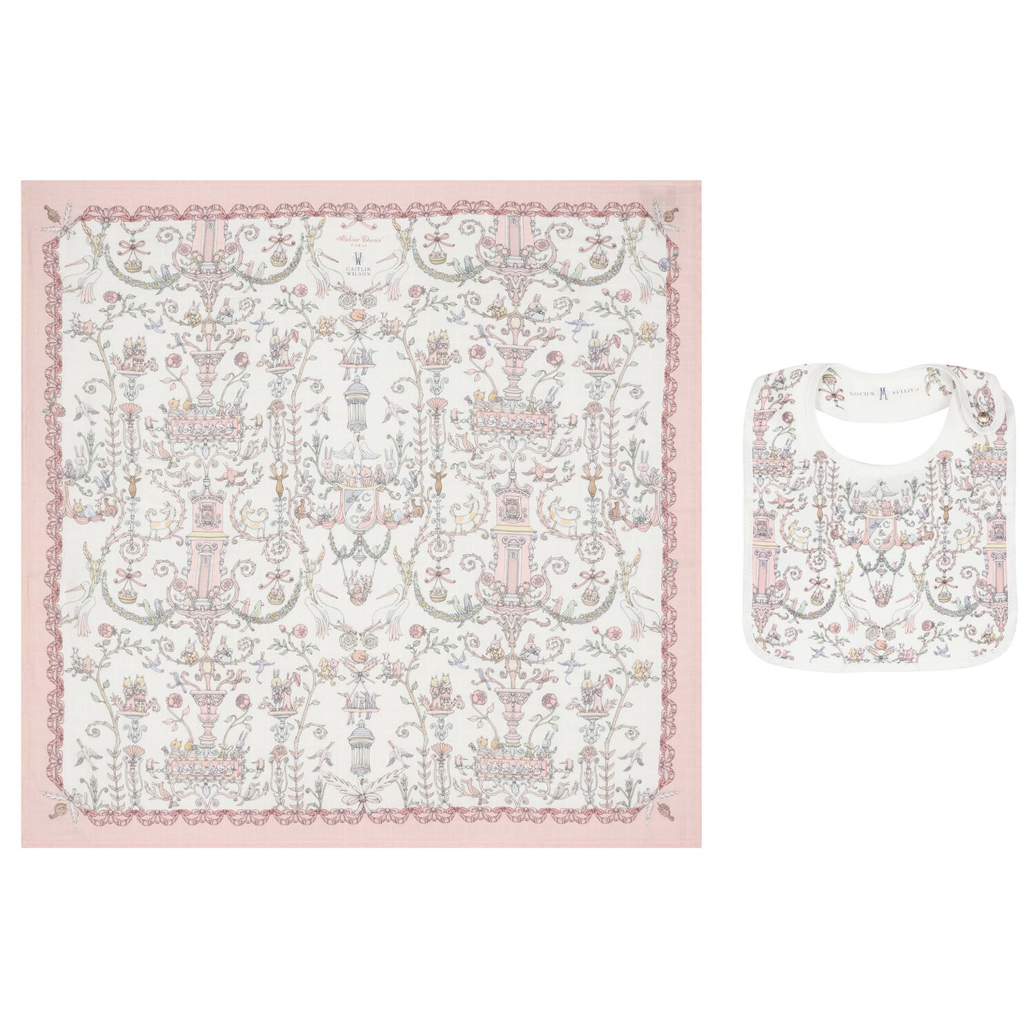 Baby Girls White & Pink Toile de Jouy Carr&eacute; Swaddle & Bib Gift Set, 1, hi-res