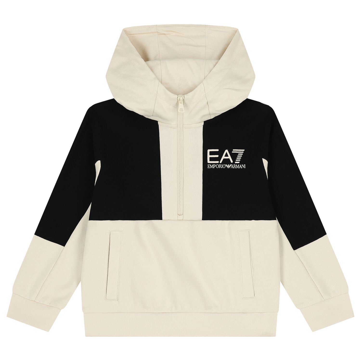 Boys Black & Ivory Logo Hooded Zip Up, 1, hi-res