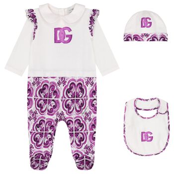 Baby Girls White & Purple Majolica Babygrow Gift Set