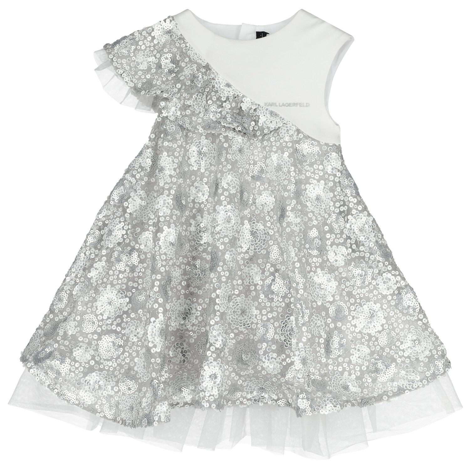 Girls White & Silver Logo Sequinned Organza Dress , 1, hi-res