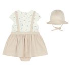 طقم فستان دونغرى بطبعه تيدى بير للبنات باللون البيج والعاجى , 1, hi-res