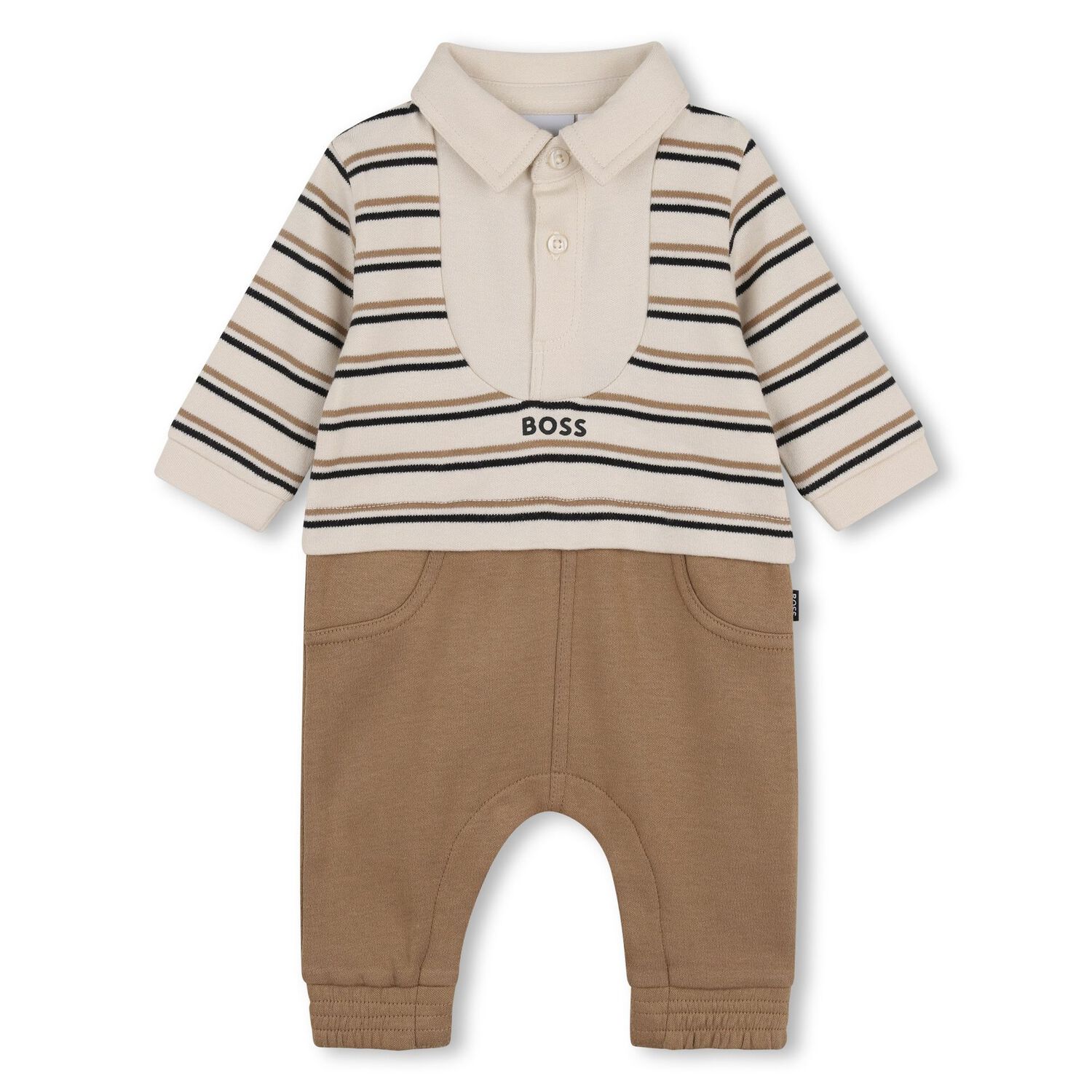 Baby Boys Beige Logo Striped Romper , 1, hi-res