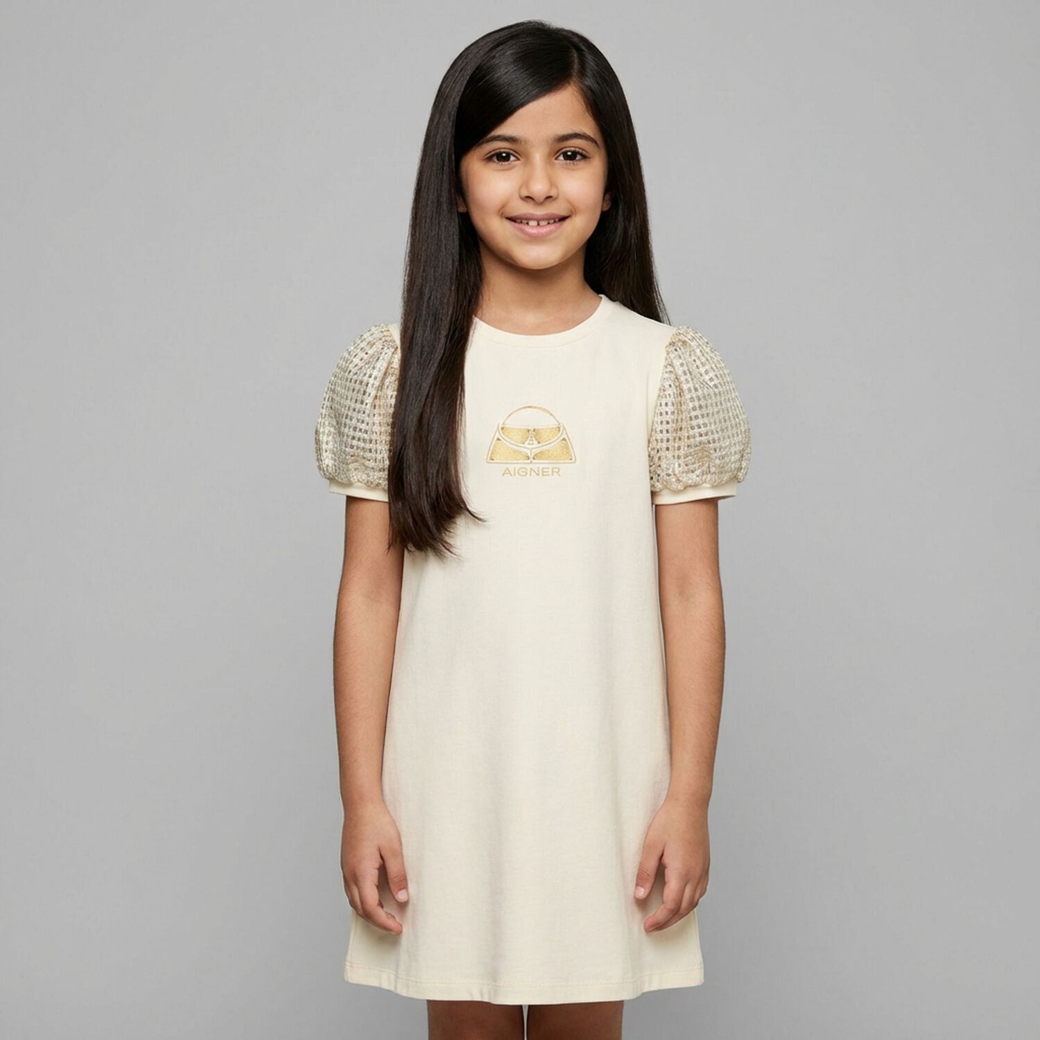 Girls Ivory & Gold Bag Dress, 1, hi-res