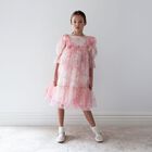 Girls Pink Floral Ruffled Tulle Dress, 1, hi-res