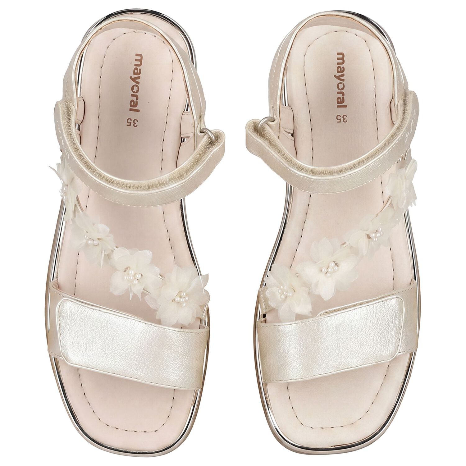 Girls Gold Metallic Floral Sandals, 1, hi-res