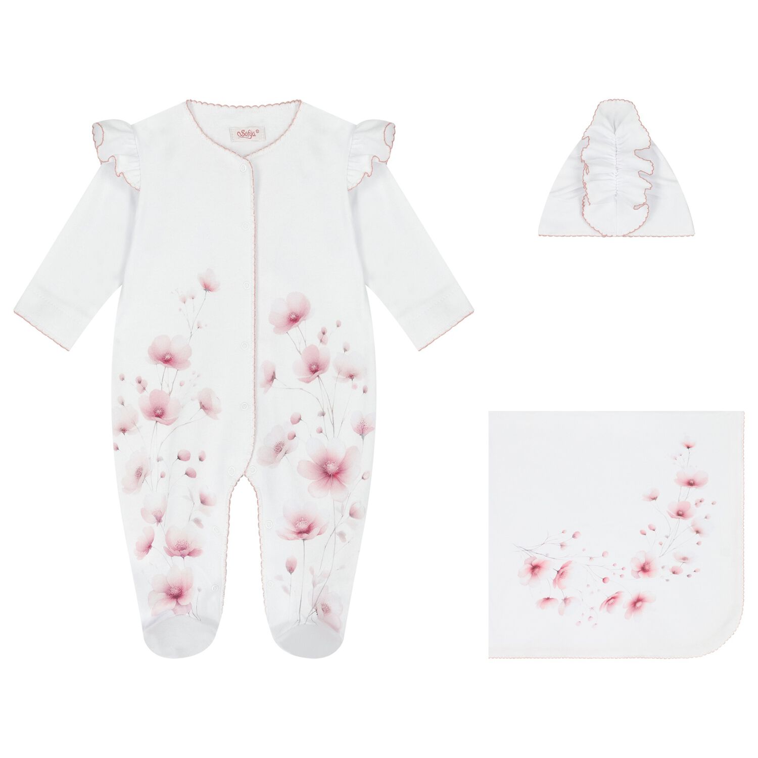 Baby Girls White & Pink Floral Babygrow Set, 1, hi-res image number null