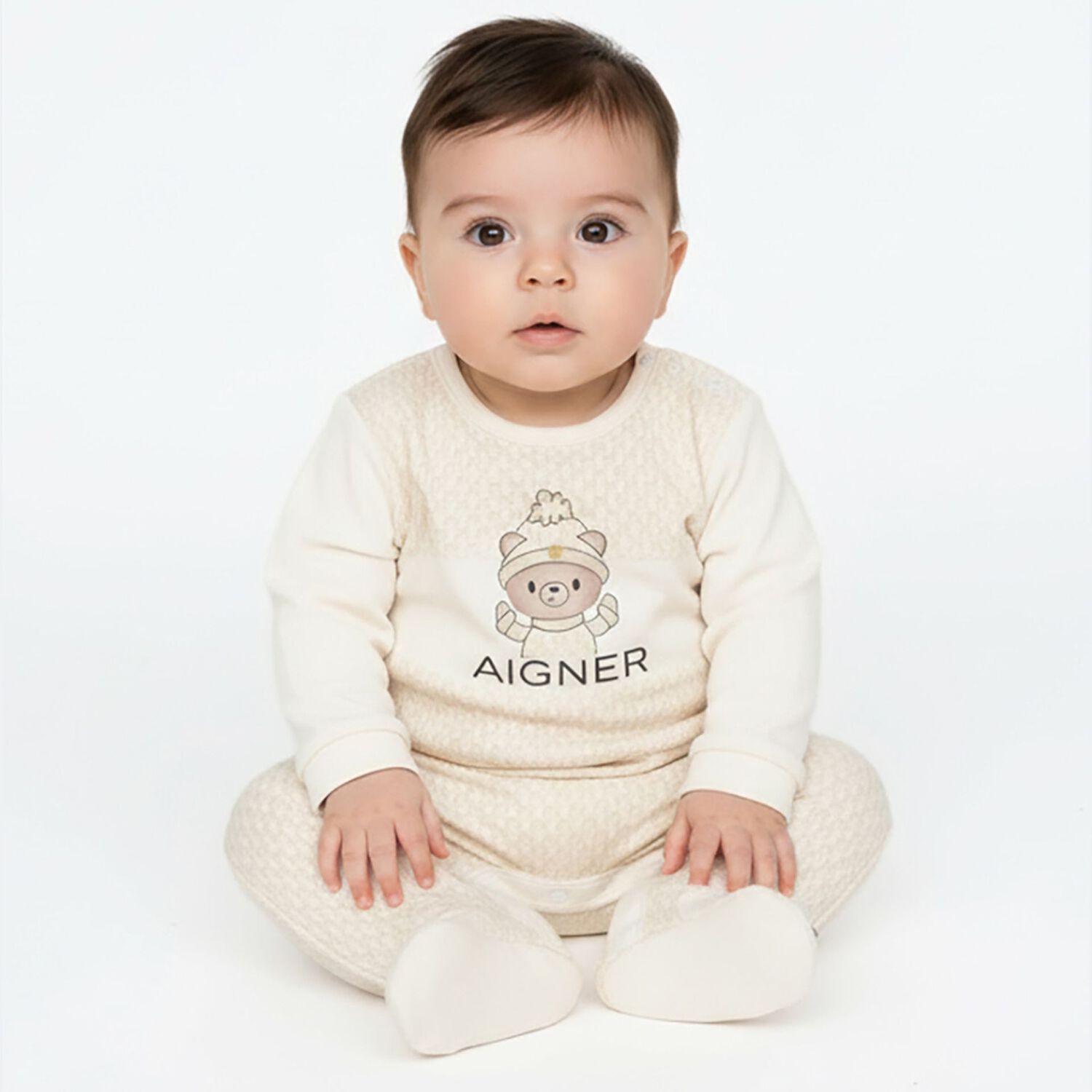 Ivory & Beige Teddy Bear Logo Babygrow, 1, hi-res