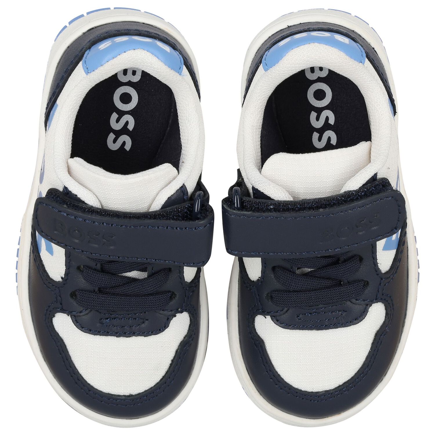 Boys Navy Blue, Blue & White Logo Trainers, 2, hi-res