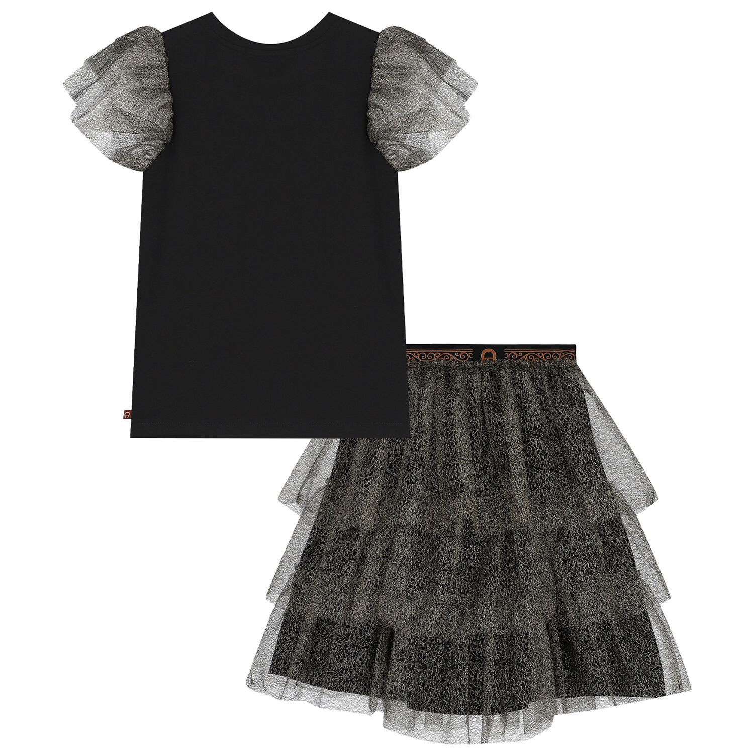 Girls Black & Gold Logo Tulle Skirt Set, 1, hi-res image number null