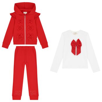 Girls White & Red Ruffled Tracksuit Set