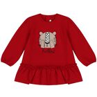 Younger Girls Red Cat Long Sleeve Dress, 2, hi-res