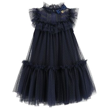 Girls Navy Blue Dotted Tulle Dress