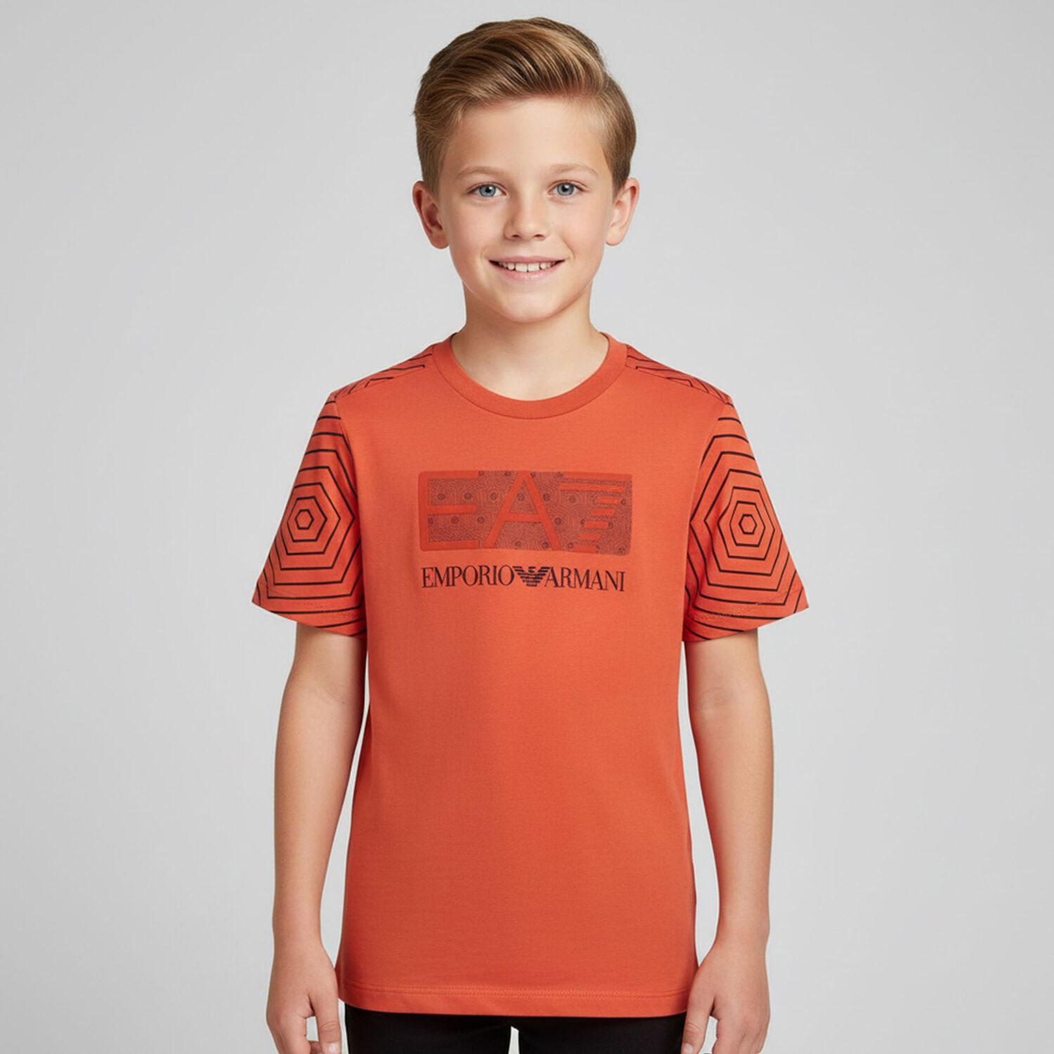 Boys Orange Geometric EA7 T-Shirt, 3, hi-res