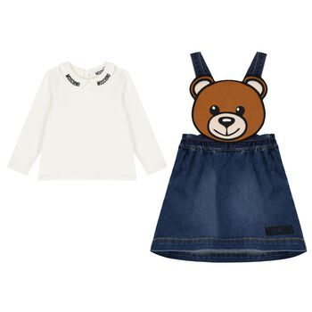 Younger Girls Ivory & Blue Denim Teddy Bear Skirt Set