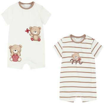 Baby Boys Ivory & Beige Teddy Rompers (2 Pack)