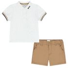 Baby Boys White & Beige Logo Shorts Set, 1, hi-res