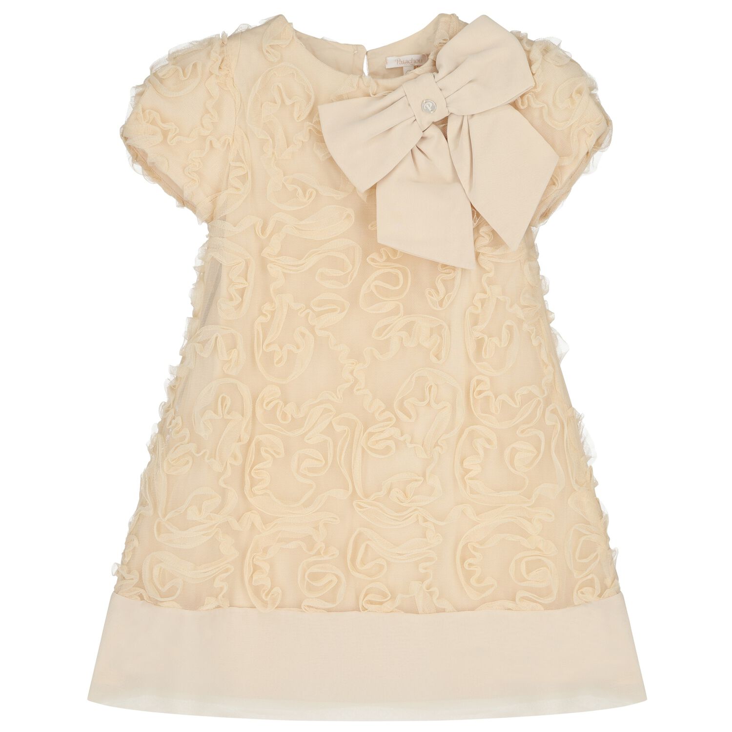 Girls Beige Bow Ruffled Tulle Dress, 1, hi-res
