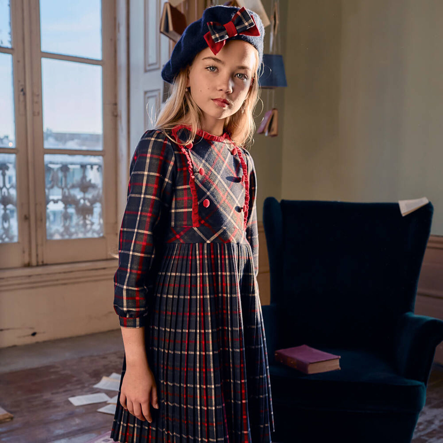 Girls Navy Blue & Red Tartan Dress, 1, hi-res
