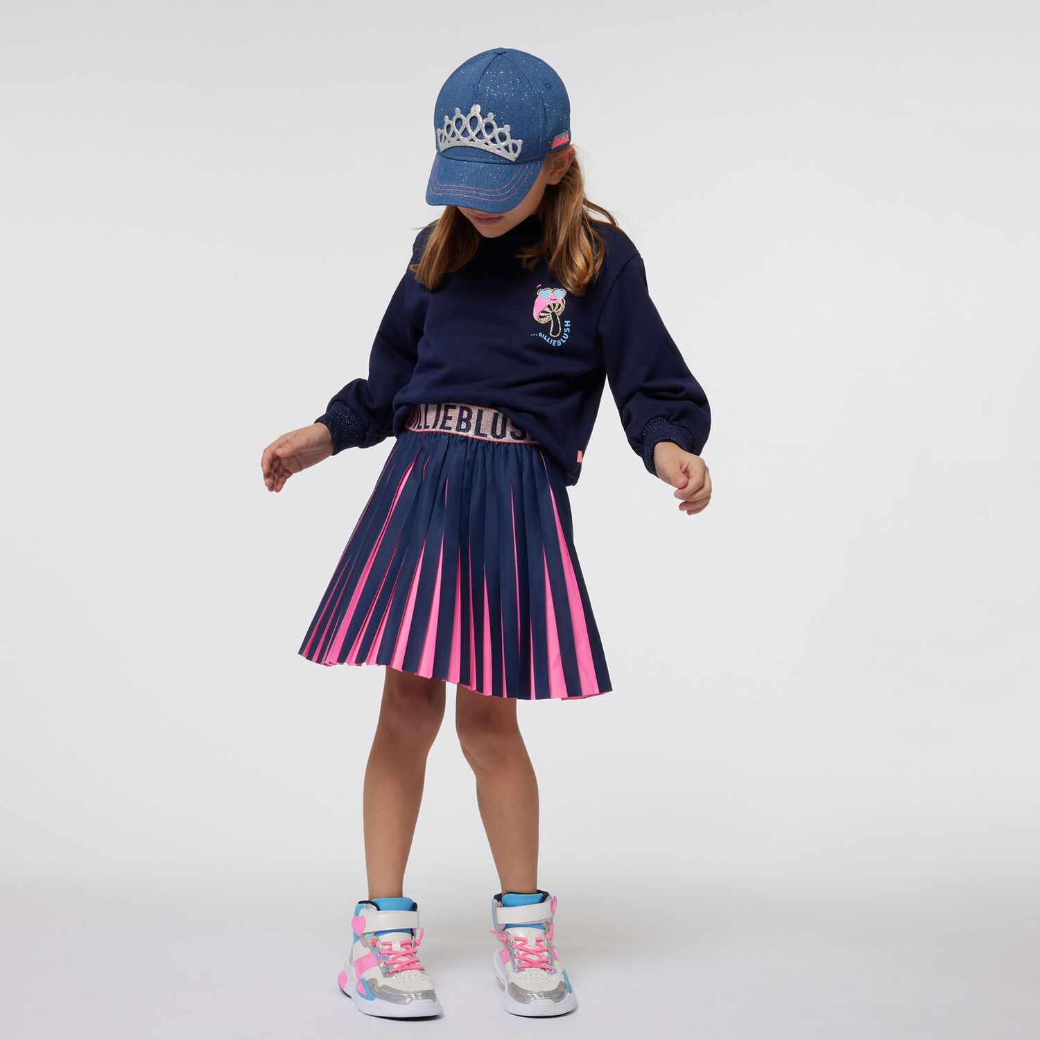 Girls Navy Blue & Pink Logo Pleated Skirt, 1, hi-res image number null